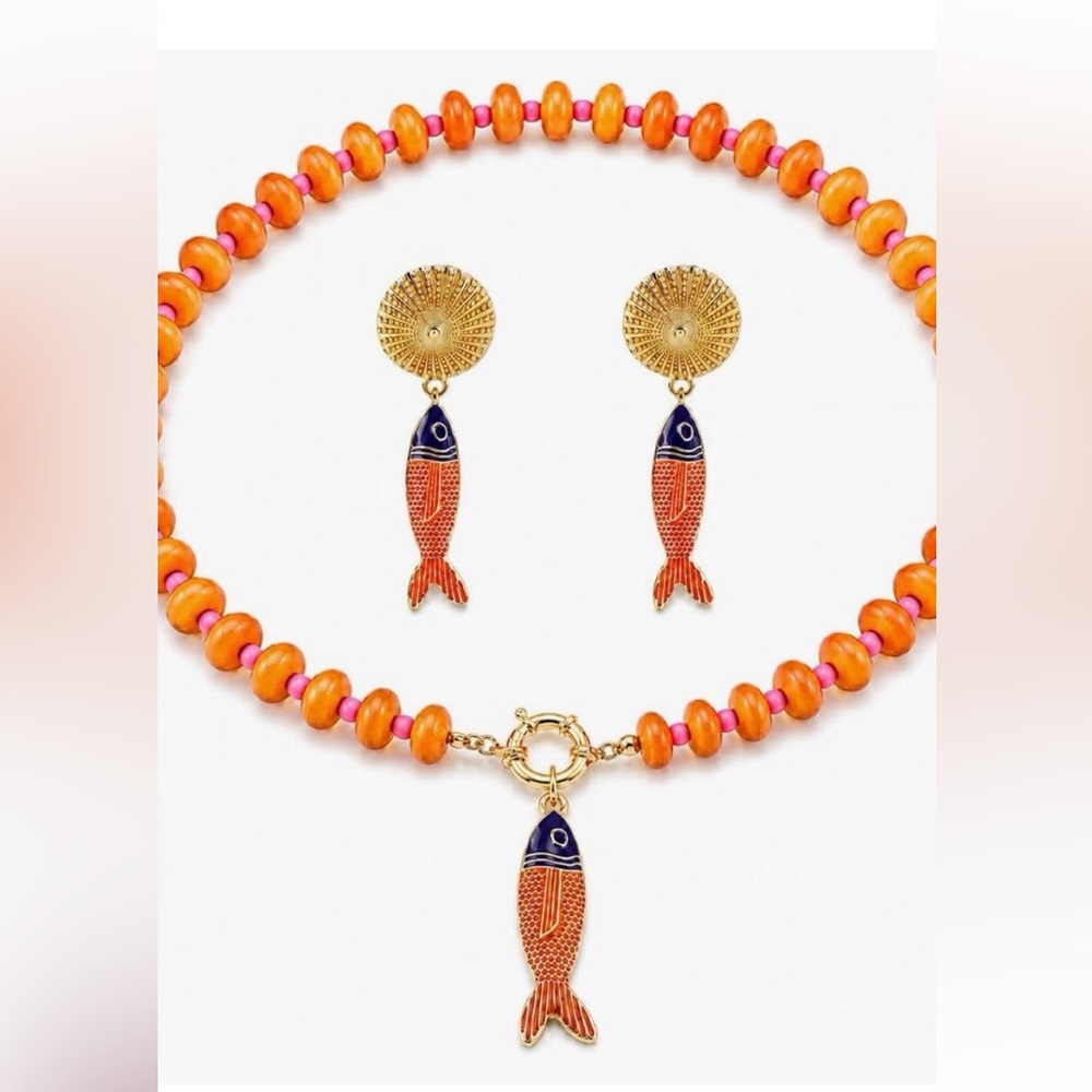 NEW Chunky Beaded Fish Earrings and Necklace Set